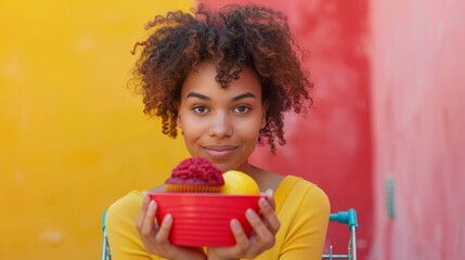 Young African American Woman Enjoying Fresh Fruits Outdoors at Sunset - obrazy, fototapety, plakaty