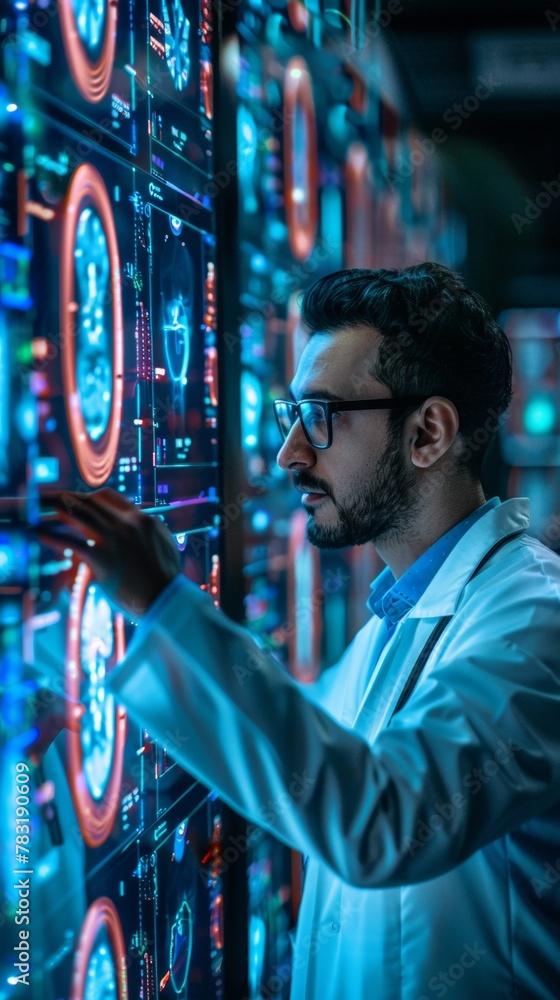 Aufkleber young male scientist analyzing data on high-tech digital interface in modern laboratory at night