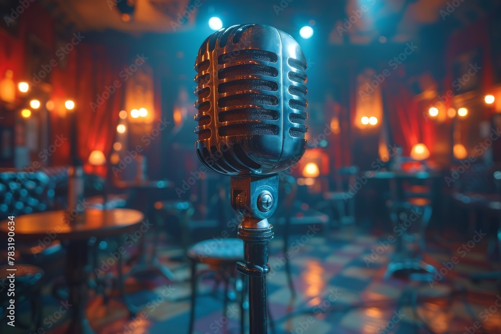 Aufkleber classic vintage microphone front and center with a moody, bokeh-lit jazz club atmosphere and empty t
