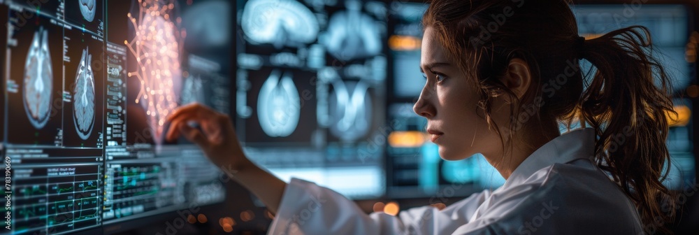 Aufkleber young female scientist analyzing data on multiple screens in high-tech laboratory