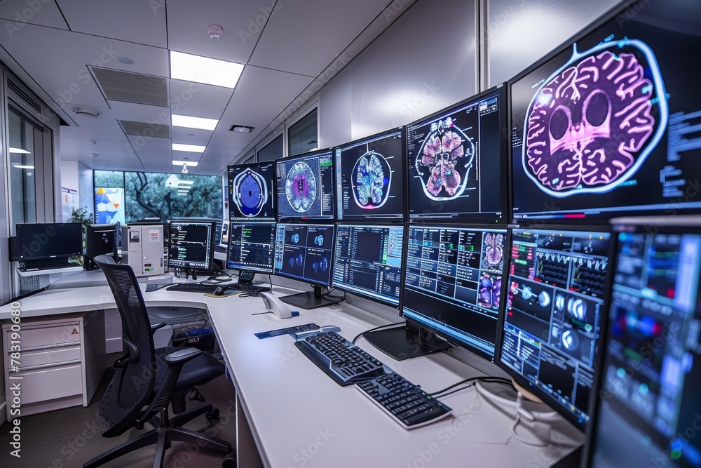 Poster modern medical imaging control room with high-tech monitors and brain scans