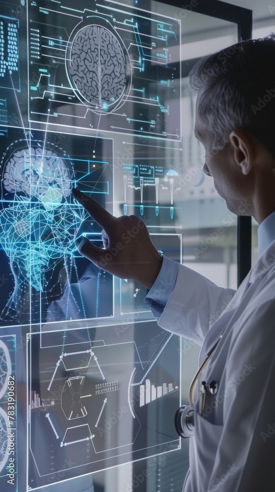 Poster Mature Male Scientist Analyzing Brain Scans and Neural Network in High-Tech Laboratory