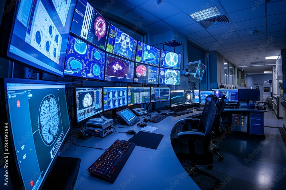 Poster high-tech medical imaging control room with multiple displays and advanced equipment