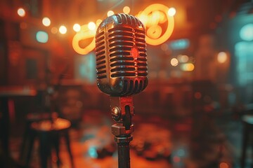 Retro-style microphone capture with warm, dramatic stage lighting creating a moody atmosphere