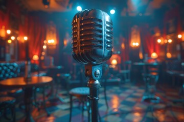 Classic vintage microphone front and center with a moody, bokeh-lit jazz club atmosphere and empty tables in the background