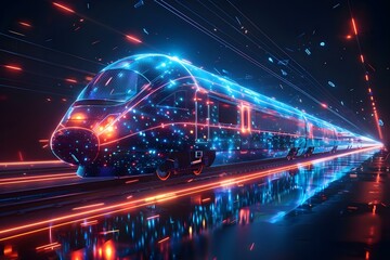 Blue Digital Train Zooming Through Cyberspace. Concept Digital Art, Transportation, Technology, Cyber World, Blue Aesthetic