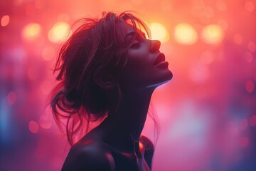 A mysterious woman stands enveloped in vibrant, richly colored backlighting that creates a silhouette effect