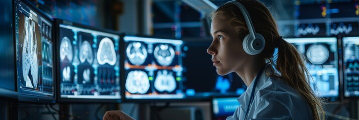 Young Female Radiologist Analyzing MRI Scans in a Dimly Lit Medical Imaging Room