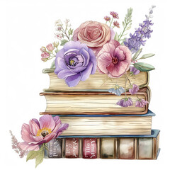 Watercolor stack of books and flowers on white background retro style