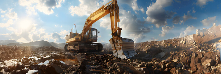 Extraction of natural stone in the mountains of the Urals,A yellow grader digs the ground at a construction site,Large yellow excavator working on the construction site moving earth.


 - obrazy, fototapety, plakaty
