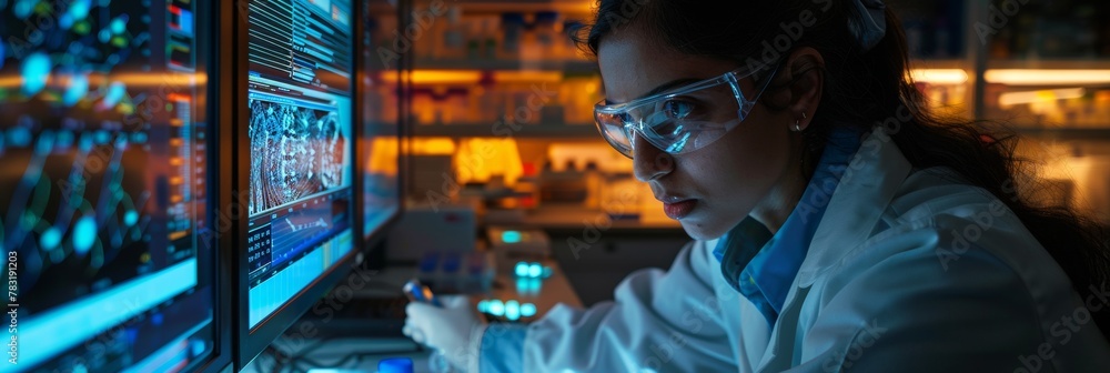 Aufkleber young female scientist analyzing data on computer screens in modern lab at night
