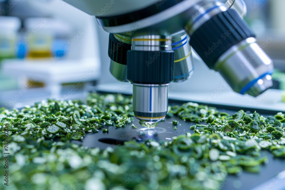 Poster microscope close-up in science laboratory examining plant samples