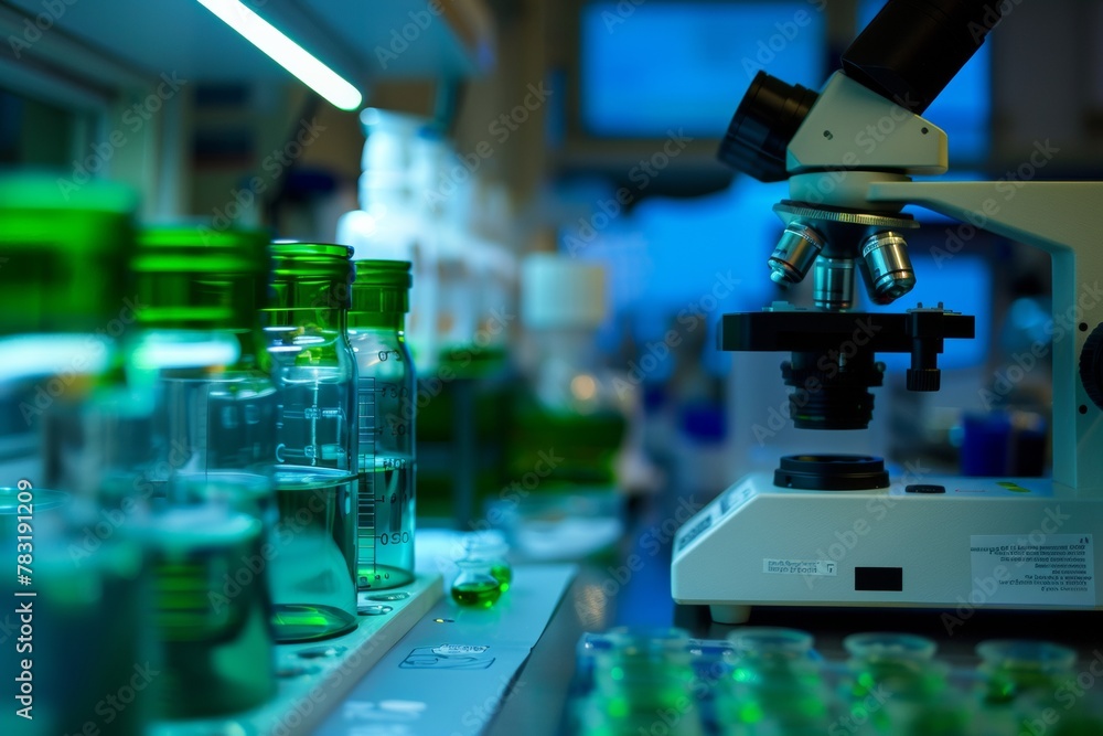 Aufkleber scientific research in progress: a close-up view of a laboratory microscope and glassware