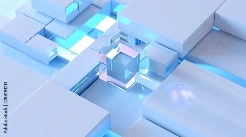 Poster intricate 3d architectural maze of interconnected geometric cubes and spheres with metallic reflecti