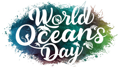 world oceans day text written with water, isolated on transparent, png background