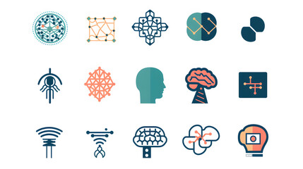 Set of Artistic Icons Depicting Artificial Intelligence Elements