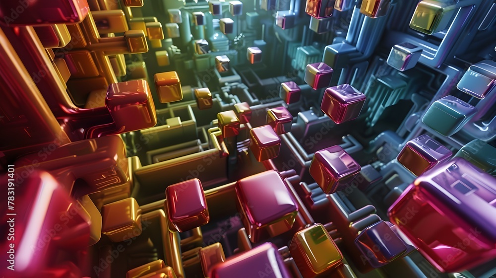 Poster intricate 3d maze of interconnected metallic cubes and spheres reflecting a kaleidoscope of colors,s