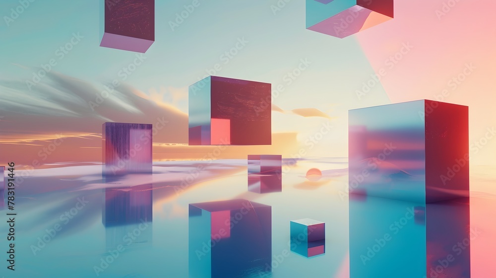 Poster Surreal Geometric Landscape with Floating Reflective Shapes Against Gradient Sky