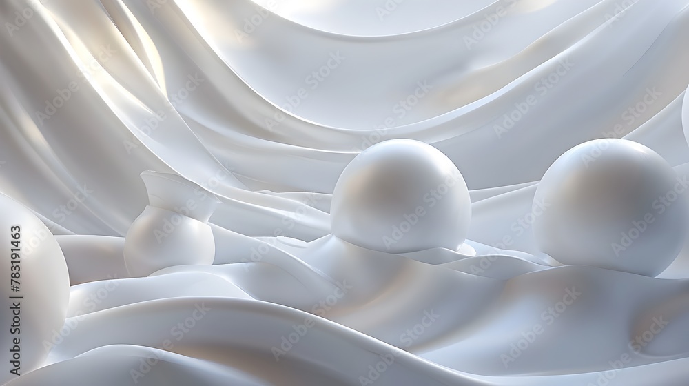 Poster serene geometric composition with flowing ribbons and spherical shapes in elegant 3d rendering