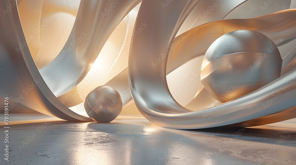 Poster flowing ribbons and spheres in a serene 3d abstract scene with elegant textures and captivating ligh