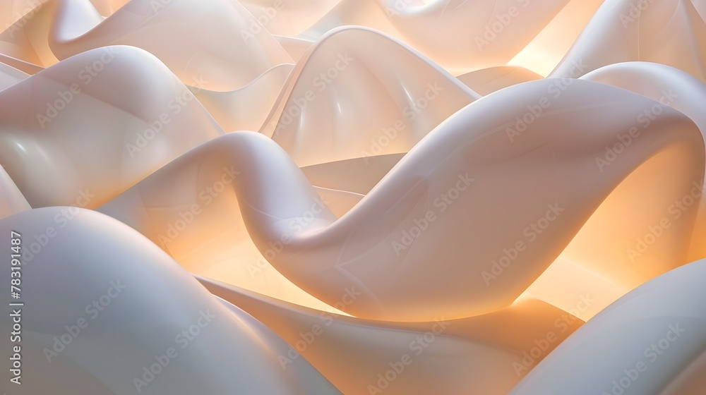 Poster smooth flowing ribbons weaving between spherical shapes with a soft,calming light that enhances the 