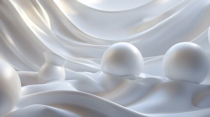 Serene Geometric Composition with Flowing Ribbons and Spherical Shapes in Elegant 3D Rendering
