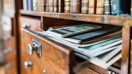 Close-up View of E-Reader and Vintage Books on Wooden Bookshelf