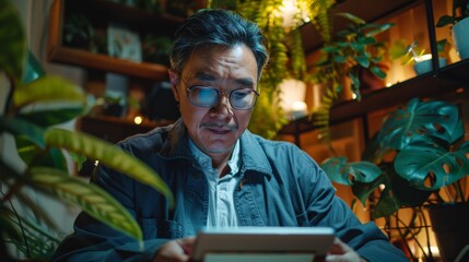 Mature Asian Man Concentrating on Digital Tablet at Cozy Evening Indoor Setting