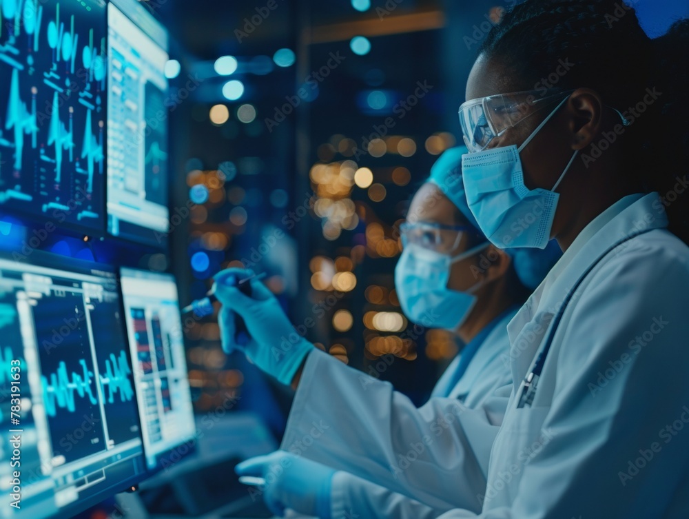 Aufkleber two female scientists analyzing data on multiple screens in high-tech laboratory at night