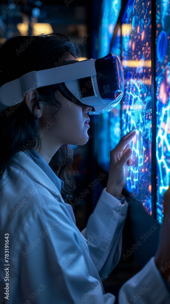 Poster Young Female Scientist Using Virtual Reality to Study Neural Networks in a High-Tech Laboratory at Night