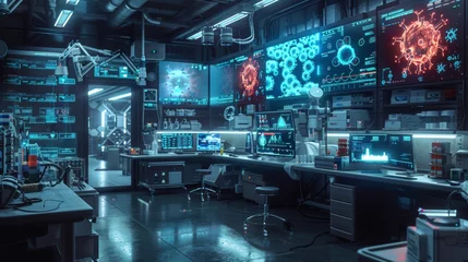 Fotobehang Futuristic Laboratory with Advanced Technology and Diverse Scientists at Work © Ryzhkov