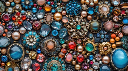 banner background National Cherish An Antique Day theme, and wide copy space, Digital collage of vintage jewelry pieces like brooches and lockets forming an intricate and sparkling mosaic - obrazy, fototapety, plakaty