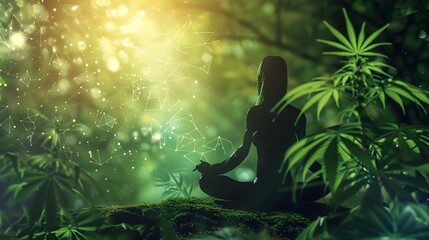 Peaceful Meditation Amid Therapeutic Cannabis Leaves and CBD Molecules Representing Natural Holistic Wellness