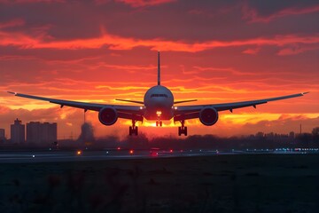 Twilight Glide: Airliner Touches Down in Sunset Hues. Concept Sunset Arrival, Airliner Landing, Twilight Sky Colors, Airport Scenes
