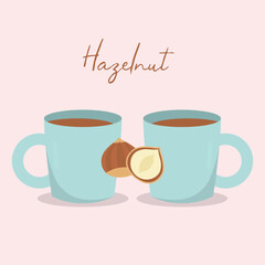 Flat Design Illustration with Two Cups of Coffee at Hazelnut
