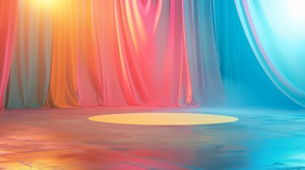 Obraz premium Colorful Stage Curtain Backdrop with Vibrant Lighting and Empty Performance Space