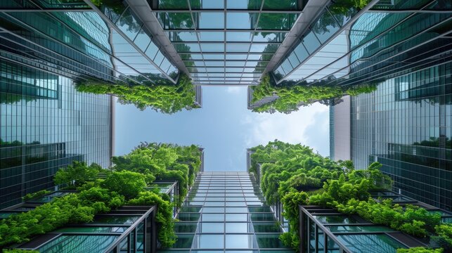 Modern greenery skyscrapers, view from below, eco-friendly and sustainable building. 