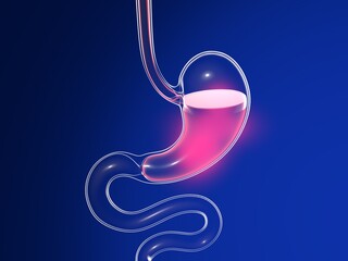3D illustration of stomach with burning. Anatomical cut of transparent glass with lights and reflections on a dark blue background.