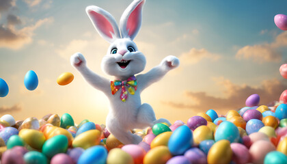 A delighted Easter bunny jumping with glee among a multitude of brightly colored Easter eggs against a cloudy sky backdrop.