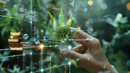 Hand Holding Cannabis Leaf with Digital Overlay of Health Benefits and Conditions - obrazy, fototapety, plakaty