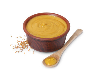 Fresh tasty mustard sauce in bowl, spoon and dry seeds isolated on white