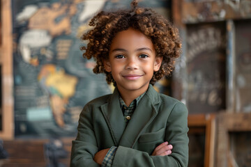 Smiling Young Black Child in Green Suit with World Map