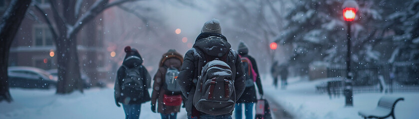 In the cold, dark morning, students wrapped in coats make their way to school through the snow - obrazy, fototapety, plakaty