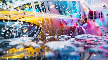 Vibrant Automobile Undergoing Thorough Washing with Cascading Soap Bubbles and Water,Symbolizing Cleanliness and Maintenance