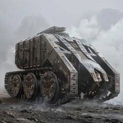 Ancient chariot reimagined as a cyber tank, engraved with warrior symbols, battlefield fog