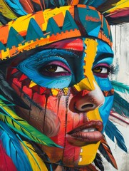Closeup of an indigenous female adorned with ceremonial makeup, vibrant tribal headgear, ultradetailed, art mural style