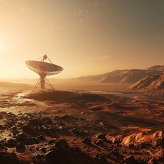 Futuristic satellite dish on Mars, alien landscapes, breathtaking horizon, clear skies
