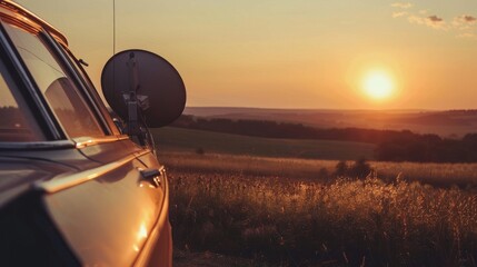 Satellite dish on a vintage car, road trip vibes, sunset horizon, nostalgic feel