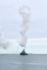 Russian warship fired decoy flares for self defense, sailing at sea military ship used anti missile...