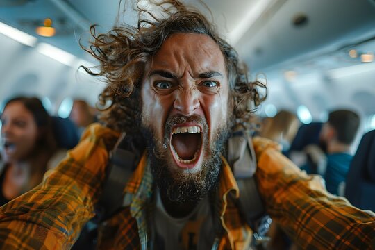 Turmoil at 30,000 Feet: Man's Mid-Flight Meltdown. Concept Cabin Chaos, Airplane Incident, In-Flight Disturbance, Passenger Disruption, Pilot Response